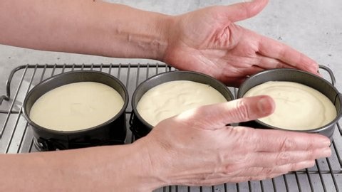 Mini cheesecake recipe. Three mini cheesecake pans filled with batter close-up on the kitchen table
