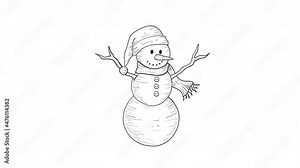 4K Vintage engraving style hand draw animated snowman with rotation effect Holiday Christmas and new Year Concept Empty design template. Snow man animation Isolated on white background Animated Vector