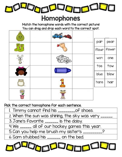 Homophones worksheet for 2nd