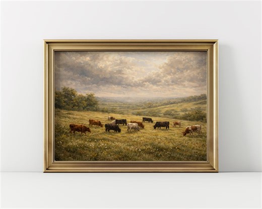 Countryside Farm Wall Art, Grazing Cattle Landscape Print, Rustic Pastoral Meadow Art, Country Farmhouse Decor, Digital Download - Etsy