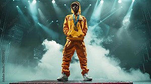 Portrait of african breakdancer in sports suit with gold medal in bright white stage lights. Confident winner of dance competition in breakdancing on stage podium.