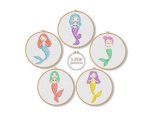 Mermaid Cross Stitch Pattern Set PDF, 5 Nursery Counted Charts - Etsy