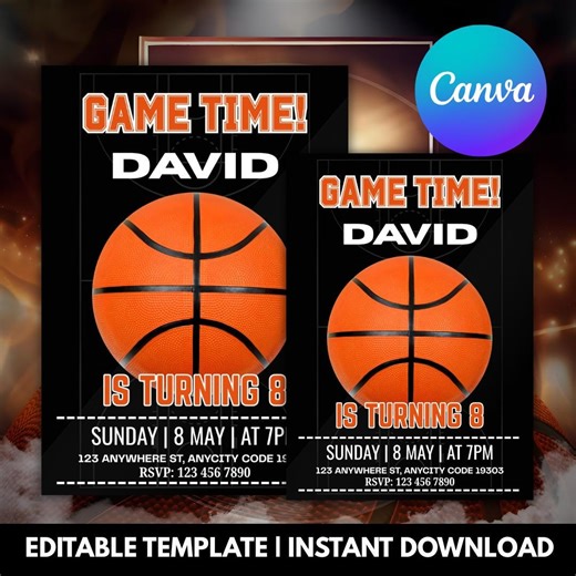 Basketball Birthday Invitation Template, Editable Canva Invite, Game Time Sports Party, Kids Basketball Invite, Instant Download