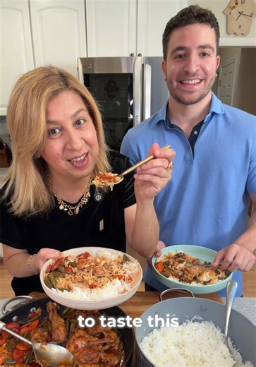 IRAQI CHICKEN & LUBIA!🍅 This comforting chicken dish with lubia (green beans), carrots, tomato, and baharat is one I grew up eating at my Iraqi mom’s table. I was so happy my son came home for a visit, I had to make him a dish that feels like a hug from home. And of course, he joined me for the WOW tasting! 🥰 Follow @ruhamasfood for more. RECIPE BELOW 👇 Recipe: Ingredients: 8 bone-in, skinless chicken thighs 4 chicken drumsticks Salt and black pepper, to season the chicken 4 tablespoons extra