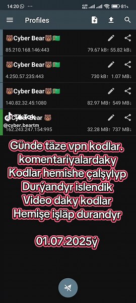 01.07.2025ý Shadowsocks vpn kody Gündeki mugt kodlar #vpn #turkmenistan #pubg #turkmenistan🇹🇲 #you #CyberBear #Cyber #ashgabat #ahal #mary #balkan #lebap #dashoguz #recommendations #fyp #shadowsocks #foruyou #kesfetteyiz #kesfetbeniöneçıkart