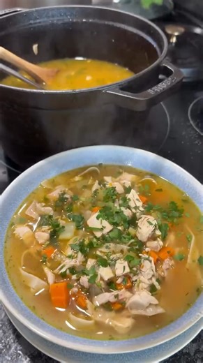 Doctors say there's no cure for the common cold, but this bowl of homemade chicken soup says otherwise 🍲 ​ Try @thehungrylatina's recipe the next time you're feeling sick:​ Ingredients:​ Rotisserie chicken​ Egg noodles​ Carrots​ Celery​ Onion​ Garlic​ Olive oil​ Butter​ Bone broth​ Knorr Chicken Bouillon ​ Dried dill​ Red pepper flakes​ Lemon​ Fresh parsley​ Salt | Knorr