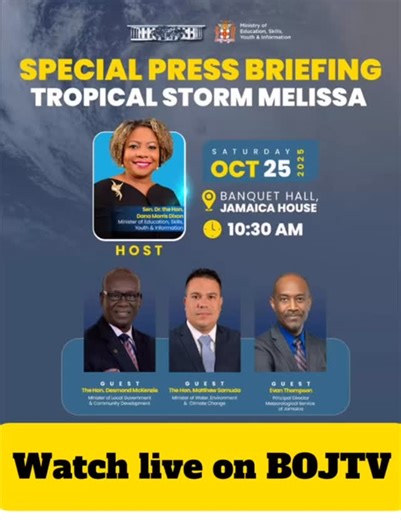 Tune in this morning Saturday , October 24, 2025 at 10:30 AM. Watch LIVE on Television and our social media platforms on YouTube, Tik Tok, Instagram and Facebook @bojtvlive ————- This live broadcast is sponsored by (e)HUB ———- (e)HUB - “ The online market for goods & services where value meets convenience “ ————— @iamdanadixon @matthew.samuda @desmondmckenziemp @matthew.samuda #BOJTV #FollowingMelissa #Melissa #HurricaneMelissa #Hurricane #TropicalStorm | BOJ Tv - Best Of Jamaica Television