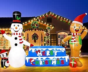 OurWarm 10 FT Inflatable Snowman Christmas Inflatables Outdoor Decorations, Snowman Inflatable Gingerbread Man Christmas Blow Up Yard Decorations with Bright Built-in Led Lights Christmas Decor