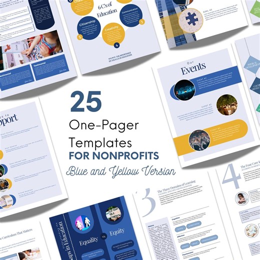 Nonprofit One-pager Canva Templates - 25 Blue Yellow Impact Layouts for Fundraising - Etsy UK