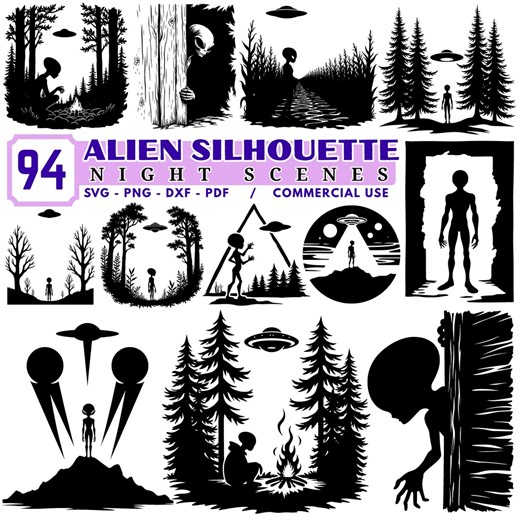 Alien Night Silhouette Scenes Svg Png Pdf & Dxf Bundle for Cricut Cut Files, Celestial Outer Space Alien Designs, Moonlight UFO Art Pack - Etsy