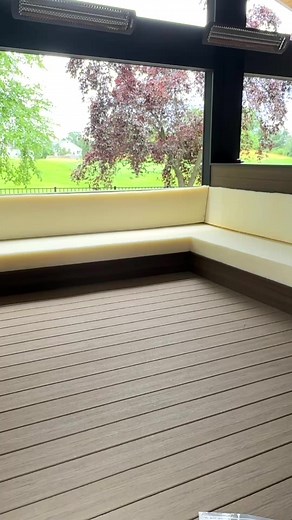 Built in benches are very common on decks, but most of the time they aren’t comfortable at all. This is going to be the primary seating in the space so we made sure it felt like a couch! 10 degree slope on the backs, 6” foam on the seat and 4” foam on the backrest. All built from ProWood and covered with Deckorators! #custom #bench #deck #decor #cushion #patiodecor | Premier Outdoor Living