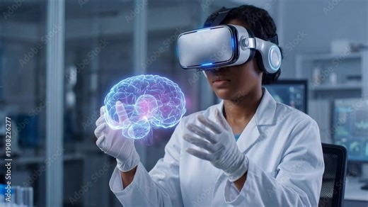 Black female scientist using virtual reality headset to visualize a holographic brain in a medical research lab.