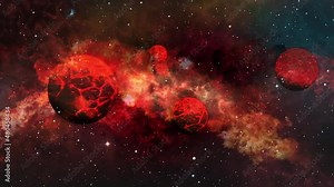 Space travelling to the hell loop video. 3d rendering. Burning planets over a glowing red Nebula. Eternal Galaxy.