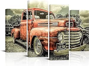 VANSEEING 4 Panel Vintage Car Wall Art Classic Car in the Field Wall Decor Red Metal Truck Canvas Picture Posters for Boys Room Decor Stretched and Framed Ready to Hang H-32 x W-48