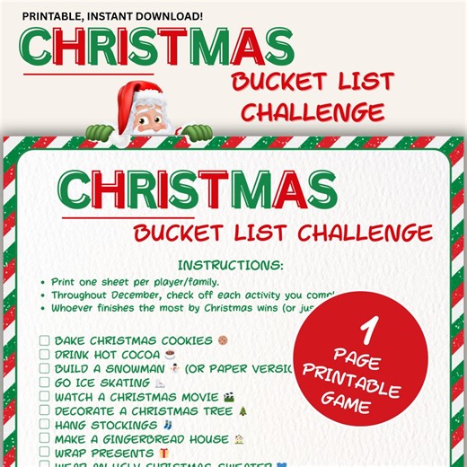 Christmas Bucket List Printable Game, Holiday Checklist Challenge Activity for Kids Teens Adults, Family Classroom Party - Etsy