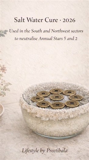 The Salt Water Cure is placed to absorb challenging annual energy. For 2026, using the Standard Xuan Kong Flying Star system, place it only in the South and Northwest sectors, where the Five Yellow and Illness stars reside. Prepare it in a clear glass or ceramic bowl. Fill three-quarters with natural sea or rock salt. Place nine metal coins on top to reflect Period 9, then add water gently without stirring. Position it low and leave it undisturbed. It may be introduced at any point during the 20