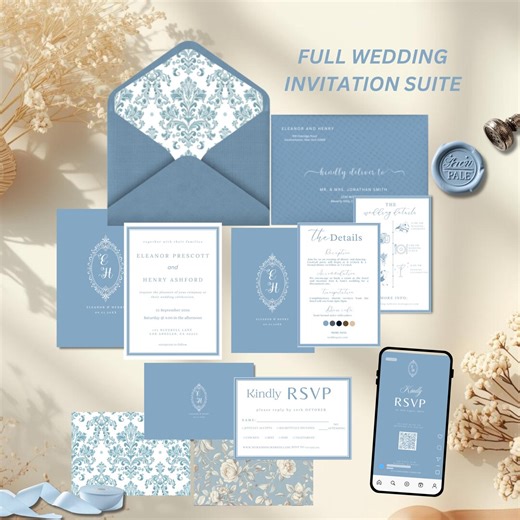 Powder Blue Old Money Wedding Invitation Suite | Timeless Luxury Heritage Design | Elegant Classic Wedding Invite | Editable Canva Template - Etsy