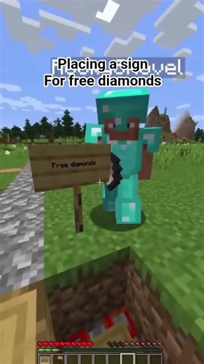 Placing a sign that says “Free diamonds” over a trap #minecraft #minecraftmemes #minecraftpe
