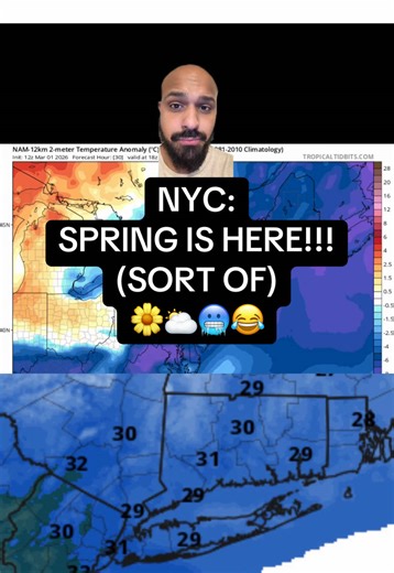 NYC Weather Update (3/2/26): SPRING IS HERE!! (Meteorlogically 😆) And it sure WILL NOT feel like spring on March 3/2. We’ll have highs in the low 30s, 20s to the start the day and temps at night in the upper 20s 🥶 Otherwise, dry conditions, mostly cloudy skies until skies clear up a bit on Monday night 🌕 Stay tuned for a potential big warm up to end the first week of March! 👀 #newyork #fyp #weathertok #weatherreport #colderweather