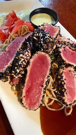 @longvalleybrew_pub on Instagram: "We’re not your typical Pub! Try one of our customers favorites!! SESAME CRUSTED TUNA!! Served with Soba Noodles, Teriyaki, Wasabi Cucumber, Aioli 👌 Book a reservation or just stop in! #LocalPublongvalley #NeighborhoodPub #longvalleybrewpub #PubLife #PubVibes"