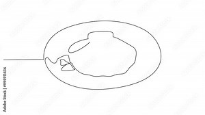 Self drawing animation of single continuous line drawing one baked scallop served on a round plate with leaves as garnish. Food presentation. National Baked Scallops Day. Full length animated