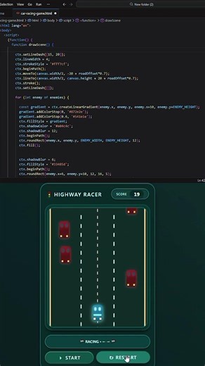 From code to game 😍HTML + CSS + JavaScript = this car racing mini project 🚗