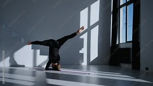 Split In Headstand, Athletic Woman Practicing Yoga In Fitness Studio, Doing Exercises For Balance