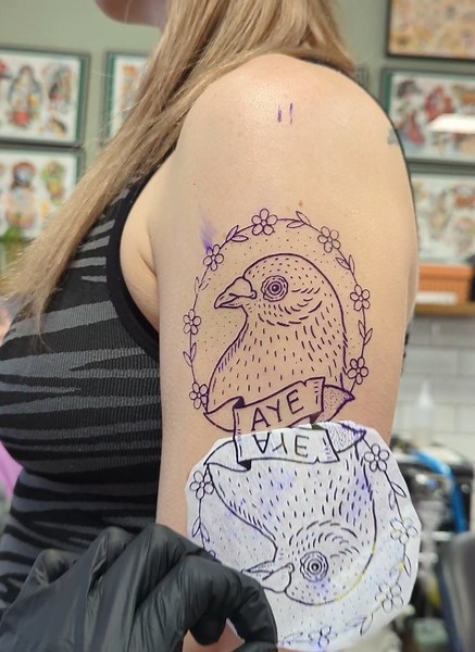 Matching Pigeon tattoos for sisters Rebecca & Rachel 🕊️♥️🕊️ With a wee family in joke ✨ #matchingtattoos #pigeon #tattooideas #sisters #glasgowtattoo #blackworktattoo #illustrativetattoo #tattootiktok #fyp