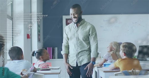 Teacher opening arms, engaging pupils in classroom, map overlay fading to prompt answers