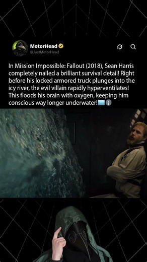 In Mission Impossible Fallout (2018), Sean Harris uses a clever real life underwater survival trick