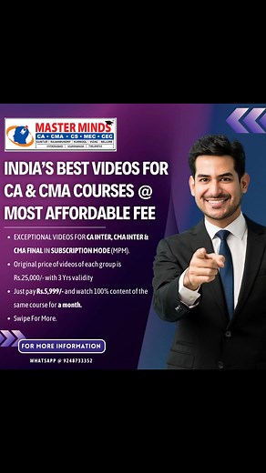 India's Best CA & CMA Course Videos in Subscription Mode #caexams #cma #bestcacoaching #cainter #caintermediate #cafoundation #cafinal #marathon #monthlypaymentmode #subscription #cavideos #carankers #allindiaranks #masterminds #mastermindsforca #cma #cmainter #cmafinal #cmamarathon #rrbvideos #cacourse #onlinecourses #cacourseindia #cacoursejourney #cacoursefee #icai #icmai #cs #cmacourse #cmacourseinindia | MASTERMINDS For CA | Facebook