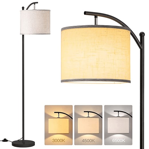 Floor Lamp for Living Room with 3 Color Temperatures, standing lamp with Linen lampshade for Bedroom, Office, Lamps with 9W LED Bulb Included - Black with Beige Lampshade