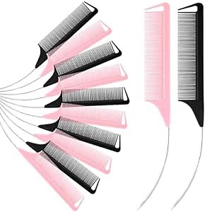 12 Pcs C Curved Combs Parting Comb for Braids Hair Rat Tail for Parting Hair Heat Resistant Teasing with Stainless Steel Pintail for Women, Pink, Black