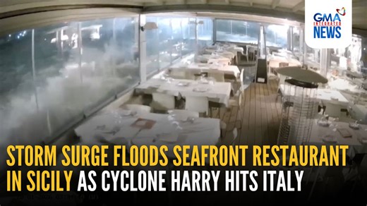 WATCH: CCTV footage captured the moment a powerful storm surge flooded the dining area of a seafront restaurant in Catania, Sicily, as Cyclone Harry battered parts of Italy on Tuesday, January 20. The storm brought heavy rain, strong winds and coastal flooding to Sicily, Sardinia and Calabria since January 19, prompting authorities to deploy around 1,480 firefighters across the three regions. Sicily recorded the highest impact, with more than 1,013 emergency interventions reported. COURTESY: AND