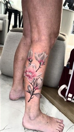 🌸 Floral Calf Tattoo | Magnolia Flower Black & Grey with Soft Pink Accents