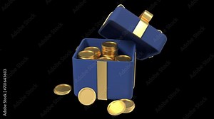 3D open gift box with golden coins and ribbon animation. Money prize reward. Earn point and get rewards. Seamless and looped animation. Transparent background with alpha channel