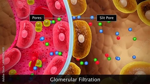 3D animation showing glomerular filtration process in kidneys with blood plasma filtration.