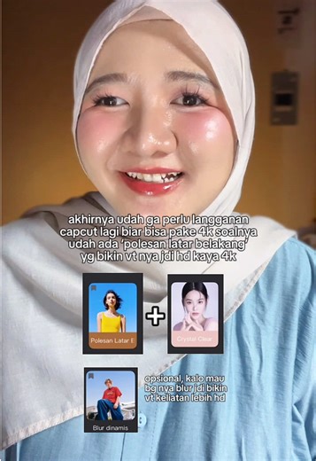 detail editingnya: adjust: kecerahan: -1/-2 kontras: 1-2 kecemerlangan: 5-10 ketajaman: 20-50 (lebih dari itu pasti kasar bgt) bayangan: -1/-2 white/putih: -1/-2 black/hitam: -1/-2 rona/hue: 2-10 (klo ip ga perlu pake menurutku gpp) tambahan filter: 4K : 10-30 (pro) atau polesan latar belakang: 10-20 (free) crystal clear: 5-20 (kalo dirasa kurang balance/masi kegelapan) blur dinamis: 20-35 (biar bg belakang blur)