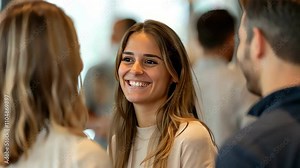 A smiling young woman engaged in a lively conversation at a networking event, showcasing connection and positivity.