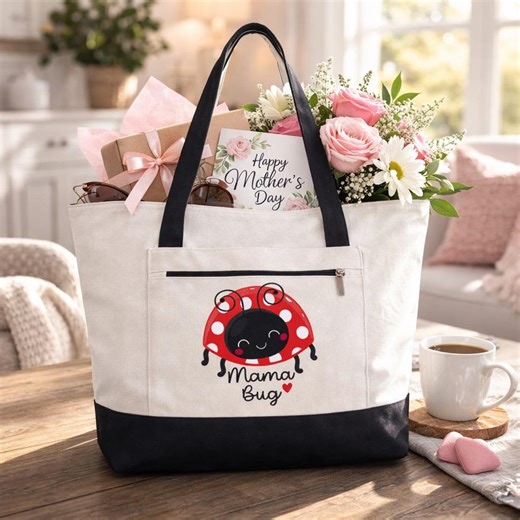 Mama Bug Tote Bag Gift for Mom, Ladybug Canvas Zipper Tote, Daughter Gift for Mom, Mother’s Day Gift, Cute Mom Bag - Etsy
