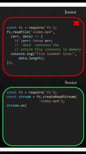 🎥 Read-file vs Read-Stream which one is better option , I/O operation in js #shorts #viral #nodejs