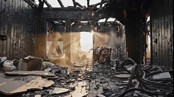 Aftermath of a House Fire - This video depicts the interior of a house severely damaged by a fire, with charred walls, debris scattered on the floor, and the bright sunlight streaming through a