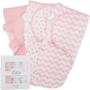 Comfy Cubs Easy Swaddle Blanket, 3 Pack - 100% Cotton Newborn Wrap, Large for 3-6 Months Infants, with Adjustable Velcro, Breathable and Durable Sleep Sack for Babies - Pink
