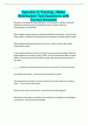Operator in Training Water Distribution Test Questions with Correct Answers162
