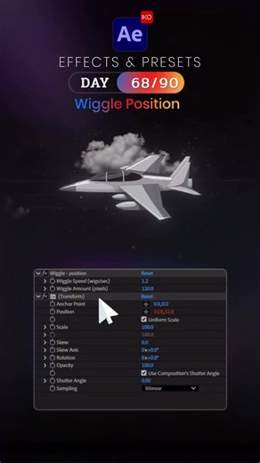 Day 68/90 – Wiggle Effect 🦋 Today is Day 68 of our 90 Days After Effects Challenge, and we’re exploring Wiggle, a motion technique that adds random, natural movement to your layers — perfect for shake effects, handheld motion, and lively animations. ✨ What is Wiggle? Wiggle creates automatic random motion using expressions. Great for camera shake, text bounce, light flicker, and organic movement. ✨ How to Use: - Apply Wiggle using expressions: - Position / Rotation / Opacity → wiggle(frequency,