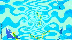 Abstract animation with colored waves and spinning fish. Looped 4K video with marine animals. Stock Video