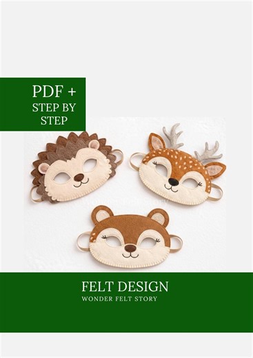 Felt Woodland Masks Pattern, Deer Hedgehog Squirrel Mask, Kids Forest Animal Costume, Felted Animals, Nursery Decor, Felt Halloween - Etsy