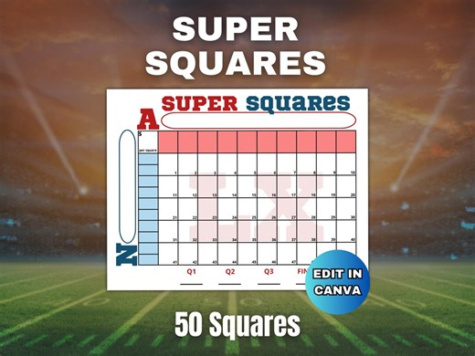 50 Super Football Bowl Squares, Printable Big Game Squares, Edit in Canva, Football Betting, Office Football Pool, Sports Fundraiser - Etsy