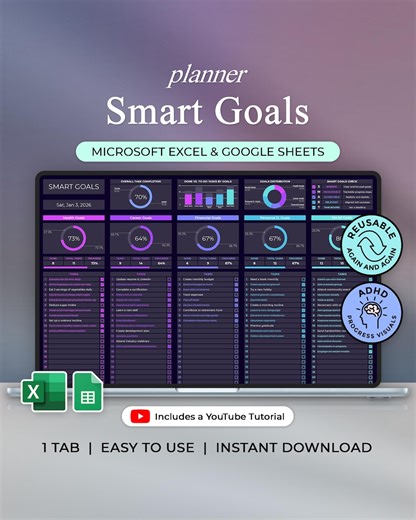 Smart Goals Tracker - Goal Planner - Excel & Google Sheets Template - Dark Theme - Instant Download - Etsy Australia