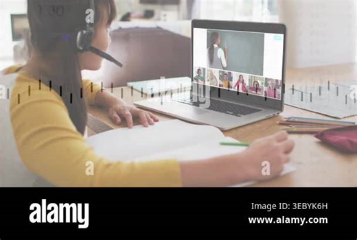 Girl taking notes in notebook viewing laptop as teacher writing for education moving bars on screen. Remote, learning, classroom, headset, pencils, chalkboard, daylight Stock Video Footage - Alamy